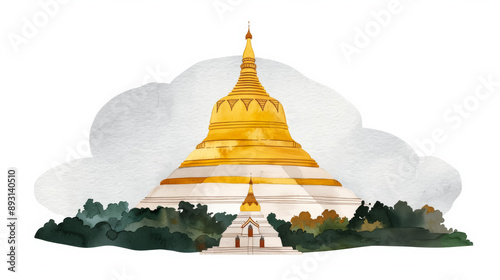 Watercolor illustration of the Shwedagon Pagoda in Myanmar golden and majestic isolated on a white background 