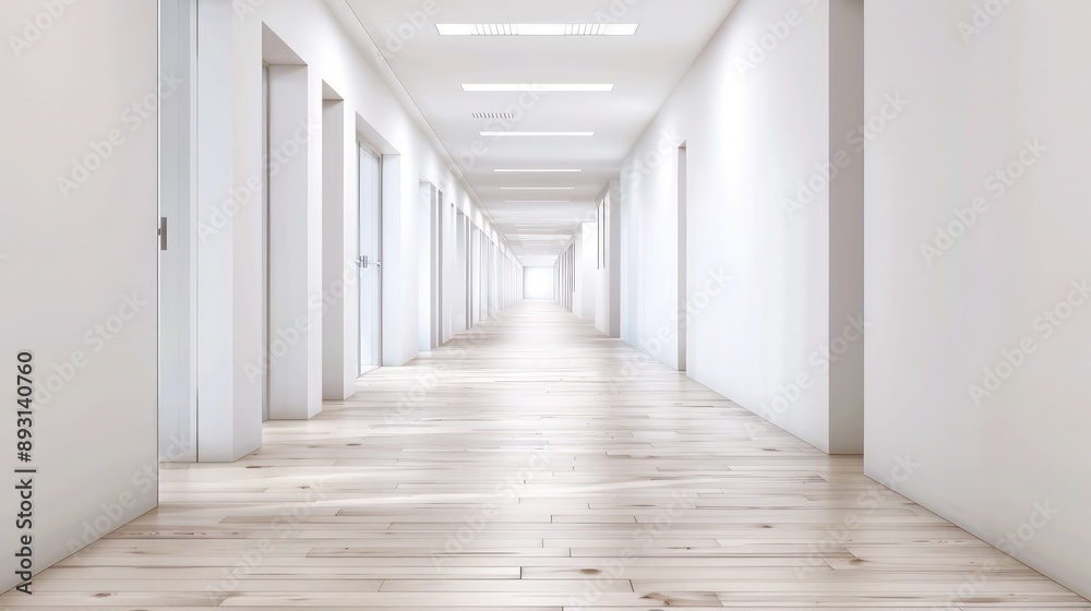 Fototapeta premium A clean and empty school corridor with white walls and light wooden flooring
