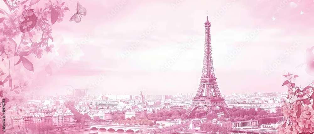 custom made wallpaper toronto digitalPink-hued Parisian Dream: A delicate floral embrace of the Eiffel Tower