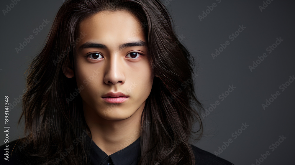 Fototapeta premium Portrait of a cute handsome happy Asian teenager guy with long hair and perfect skin, gray background, banner.