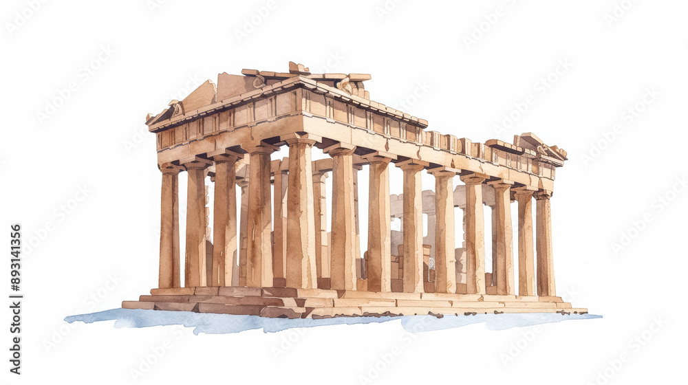 Watercolor sketch of the Acropolis of Athens ancient ruins isolated on a white background Watercolor sketch of the Acropolis of Athens ancient ruins isolated on a white background