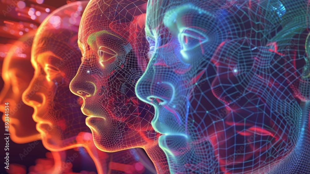 Naklejka premium human heads, man using artificial intelligence (AI) , machine learning, connectivity concept