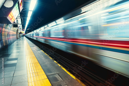 Subway train station motion blur background. Long exposure subway station with blurry moving train.