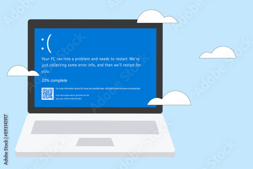 Illustration of Blue Screen of Death (BSOD) on laptop. Cybersecurity and information security incidence concept. IT outages and error