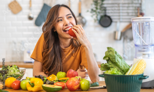 Wallpaper Mural Portrait of beauty health asian woman having fun hold tomato cooking, vegan food healthy eat, fresh vegetable, Lycopene, vitamins, skincare, vegetarian in kitchen.Diet.Fitness, healthy food Torontodigital.ca