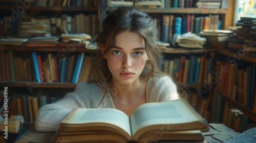 A Young Woman Holding an Open Book in Front of a Wooden Shelf Full of Books - Generative AI