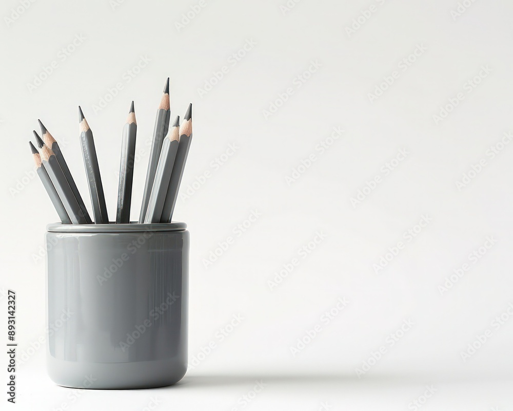 High-resolution photorealistic photo of stationery in grey pencil pot, ideal for stock use.