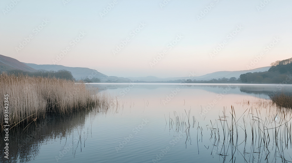 Fototapeta premium Serene Lakeside at Dawn with Shimmering Reflections and Distant Hills