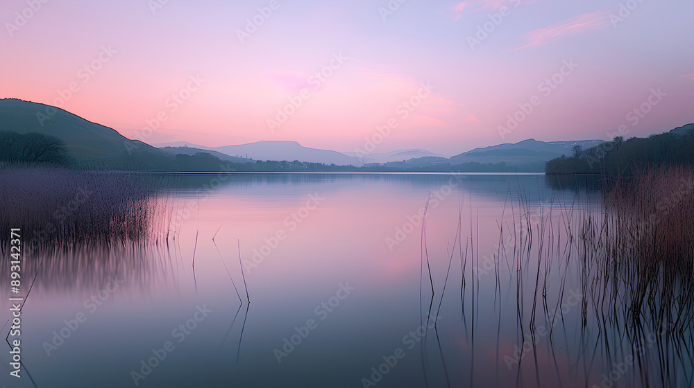 Serene Lakeside at Dawn with Shimmering Reflections and Distant Hills

