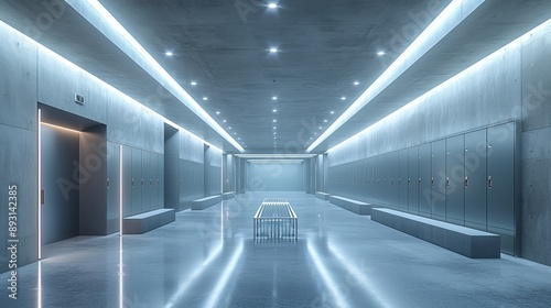 A Long Hallway With a Bench in the Middle of It and Lights on the Walls - Generative AI