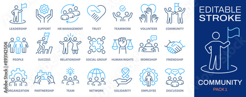 Community icon set. Collection of people, team, partnership, success and more. Vector illustration. Editable stroke.