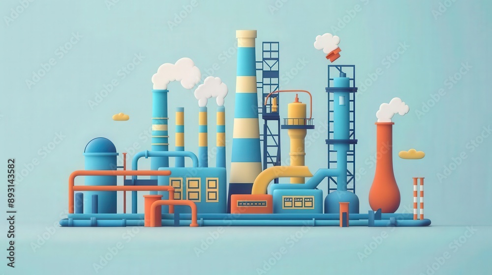 Obraz premium Colorful 3D illustration of a vibrant industrial factory with pipes, smokestacks, and whimsical clouds against a blue background.