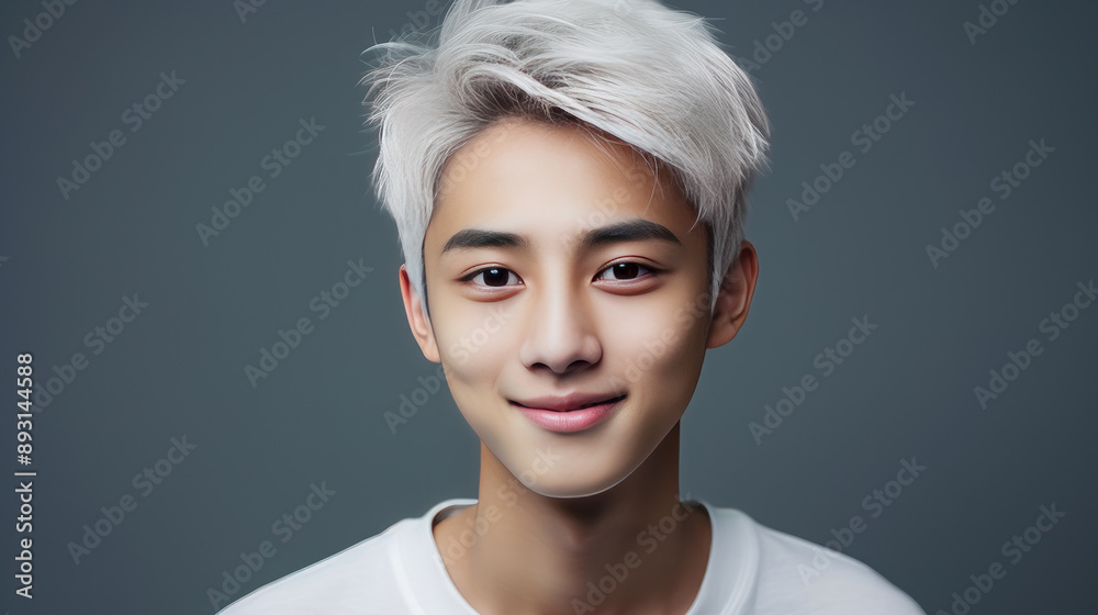 Portrait of a cute handsome happy Asian blond teenager guy with white hair and perfect skin, gray background, banner. Portrait of a cute handsome happy Asian blond teenager guy with white hair and perfect skin, gray background, banner.