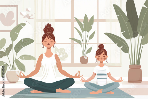 Mother and daughter doing yoga, modern simple flat design illustration