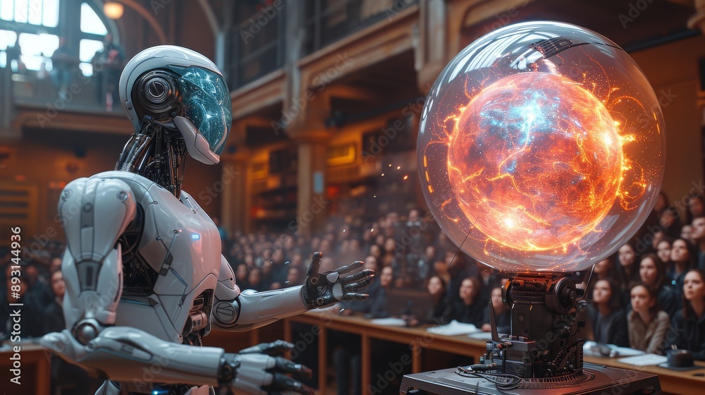 A Robot Standing In Front of a Large Glass Sphere With Flames Coming Out of It - Generative AI A Robot Standing In Front of a Large Glass Sphere With Flames Coming Out of It - Generative AI