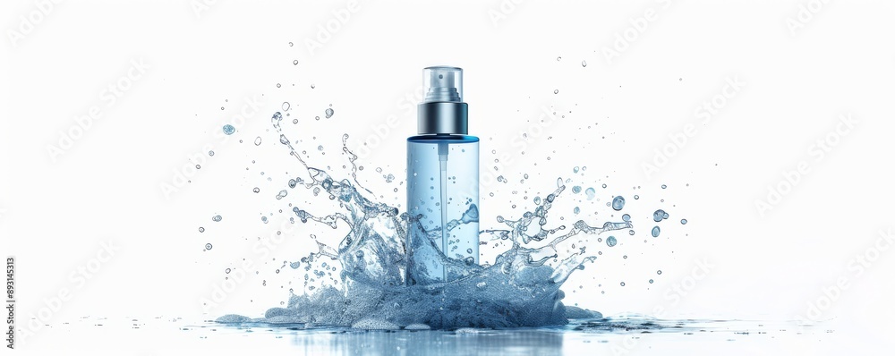 Blue Spray Bottle with Liquid and Splash Effect on White Background