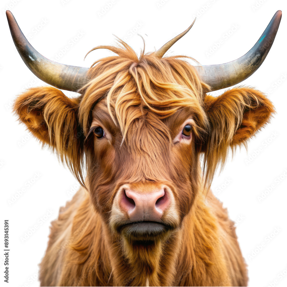 Scottish mini cow with big horns portrait isolated on transparent background Scottish mini cow with big horns portrait isolated on transparent background