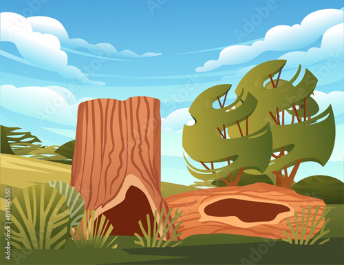 Hollow tree stump vector in a lush grassy area with rolling hills, trees, and a picturesque blue sky. Suitable for ecological, deforestation, and countryside visuals. Vector illustration