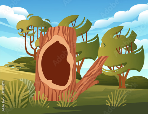 Vector illustration of tree with a noticeable hollow cavity in its trunk, set against green landscape with scattered trees and a blue sky. Suitable for wildlife, natural habitats, and outdoor scenes