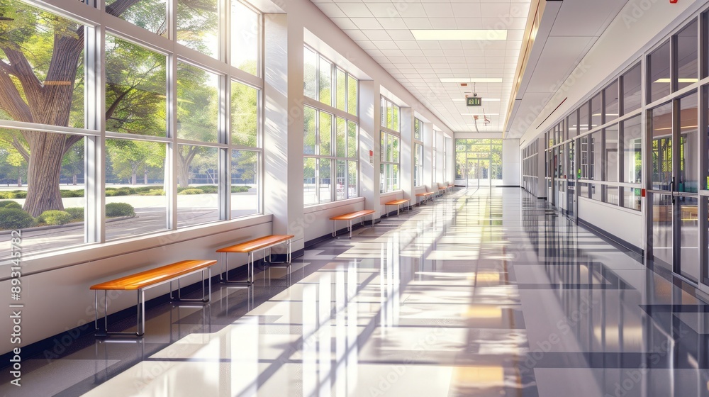 A high school corridor featuring large windows, clean lines, and minimalist furniture A high school corridor featuring large windows, clean lines, and minimalist furniture