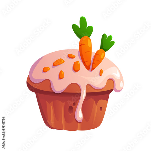 Carrot Muffin Covered with White Glaze. Baked Dessert. Vector Illustration Carrot Cupcake Cilpart.