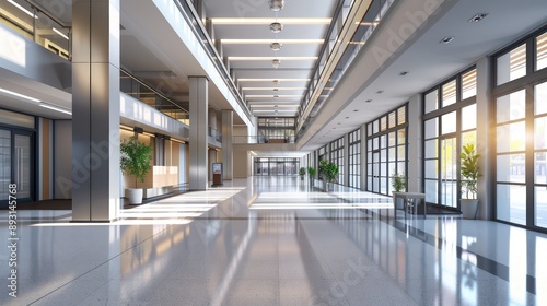 A high-ceiling school entrance featuring sleek, modern design and spacious layout