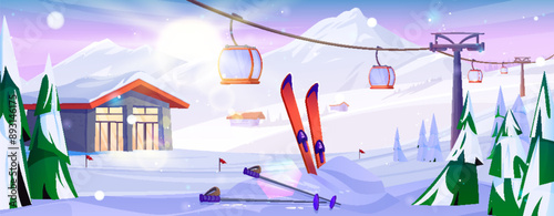 Ski and poles in snowdrift on winter mountain resort with hotel chalet and red cabin on cableway. Cartoon snowy landscape with houses and ropeway for cold season sport and recreation at hills.