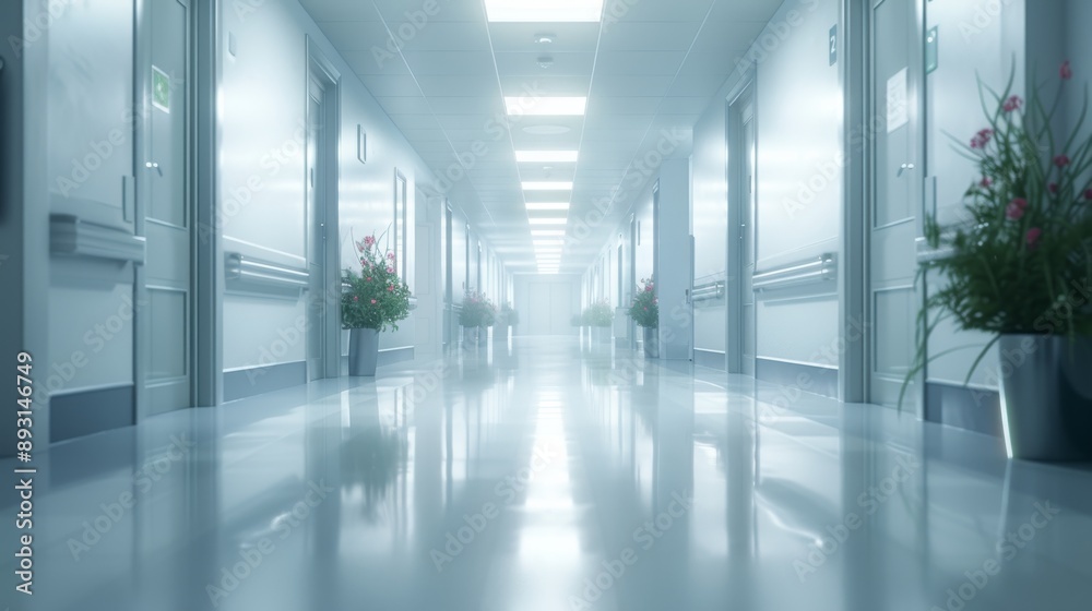 An Empty Hallway With a Potted Plant in the Center of the Hall Way - Generative AI An Empty Hallway With a Potted Plant in the Center of the Hall Way - Generative AI