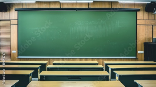 A large green chalkboard in an empty, modern classroom