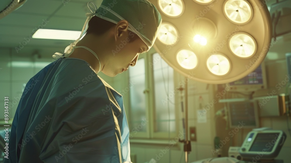 Handsome male Korean doctor in blue surgical gown at hospital operating room, cinematic style with epic lighting and warm color tone.