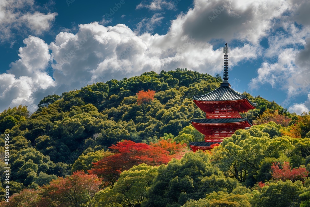 A red pagoda nestled at the top of a mountain surrounded by lush green trees. A Japan landscape photography in high definition featuring a blue sky with white clouds during the autumn season. A Japane A red pagoda nestled at the top of a mountain surrounded by lush green trees. A Japan landscape photography in high definition featuring a blue sky with white clouds during the autumn season. A Japane