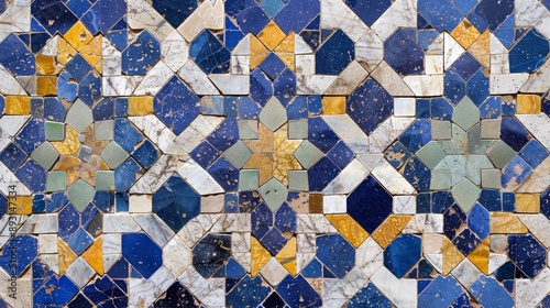 A Close up View of a Blue, Yellow and White Patterned Tile - Generative AI