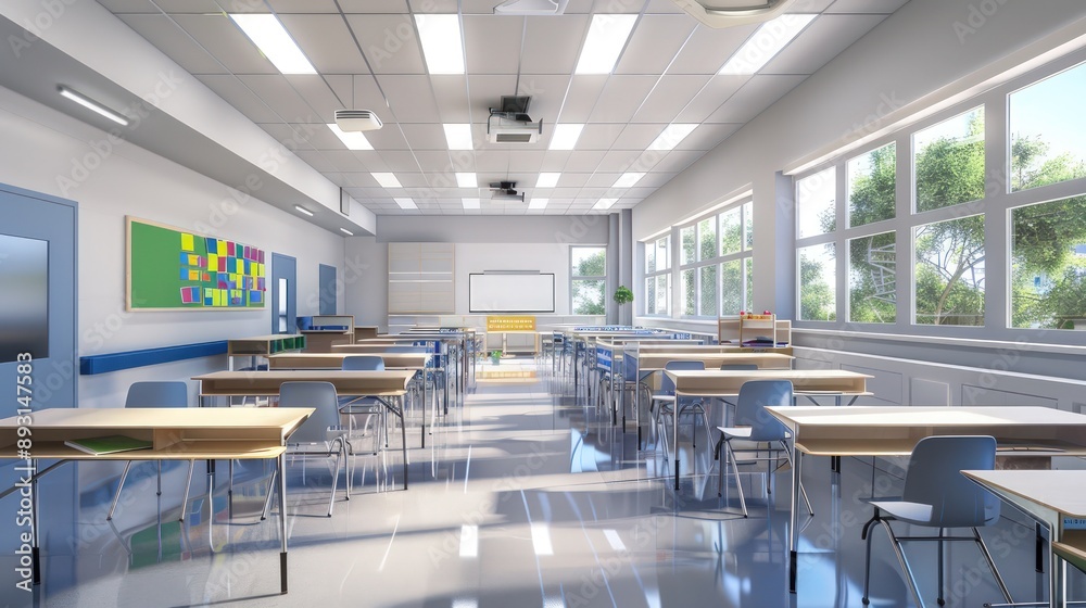 A modern classroom featuring clean lines, bright lighting, and organized desks for the new school year A modern classroom featuring clean lines, bright lighting, and organized desks for the new school year