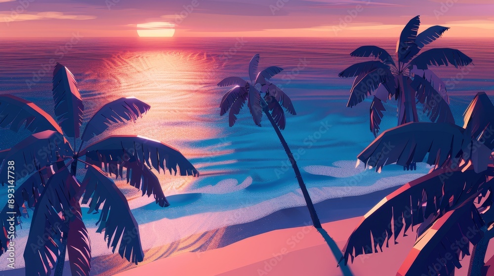Obraz premium Flat design 3D render of tranquil beach sunset in pixel art style viewed from the top with vivid colors