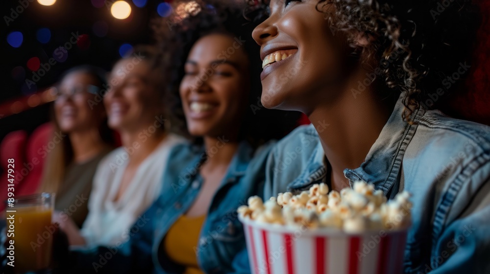 A group of women are sitting in a movie theater, smiling and enjoying a movie