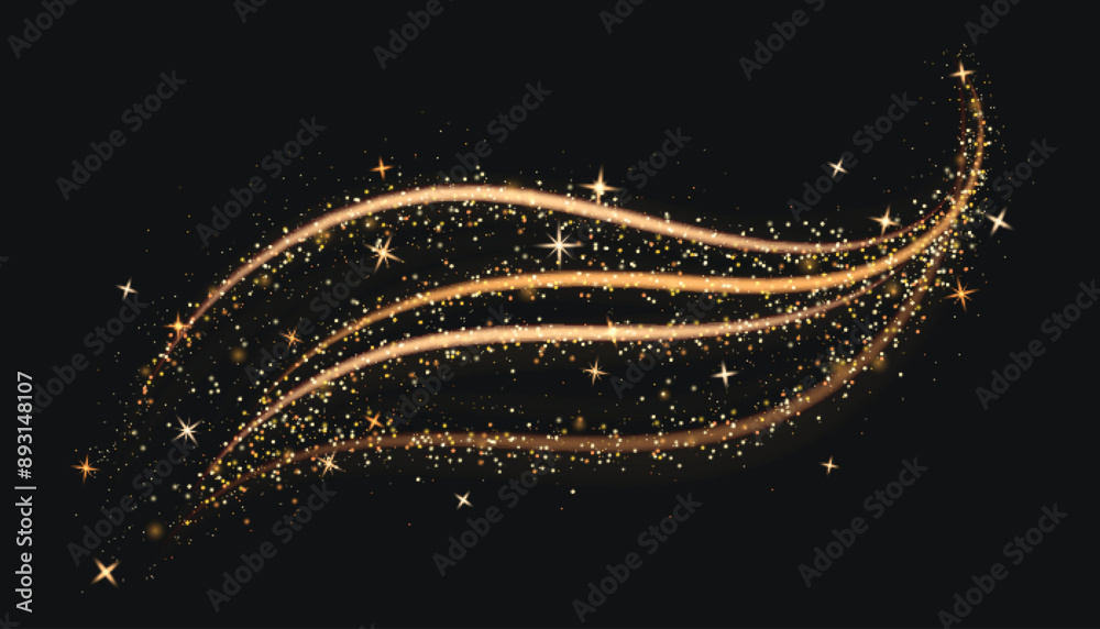 Golden swirl sparkling on black background. Vector realistic illustration of magic power effect, yellow shimmering light trail with shimmering stardust particles, Christmas fairytale miracle vortex