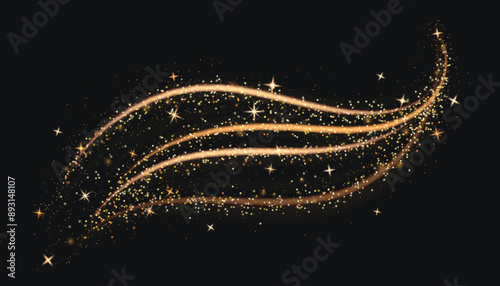 Golden swirl sparkling on black background. Vector realistic illustration of magic power effect, yellow shimmering light trail with shimmering stardust particles, Christmas fairytale miracle vortex