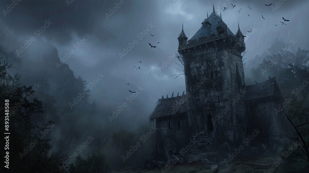 Haunted tower with bats flying around Haunted tower with bats flying around