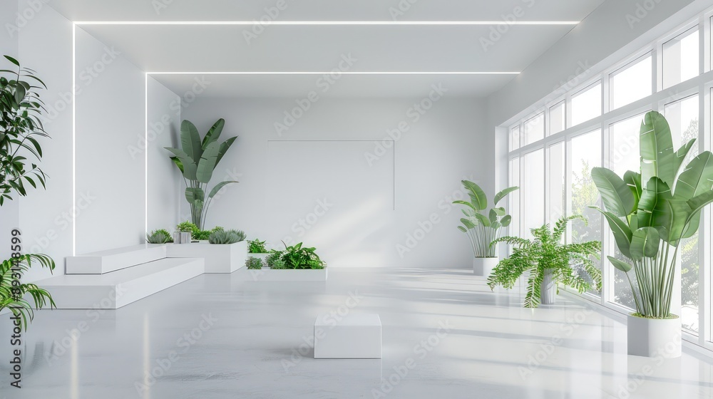 A modern minimalist classroom with clean lines, white surfaces, and a touch of green from indoor plants A modern minimalist classroom with clean lines, white surfaces, and a touch of green from indoor plants