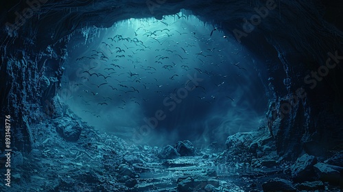 Mysterious dark cave entrance with bats flying out