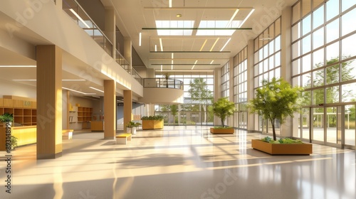 A modern school entrance with high ceilings and a spacious, airy feel