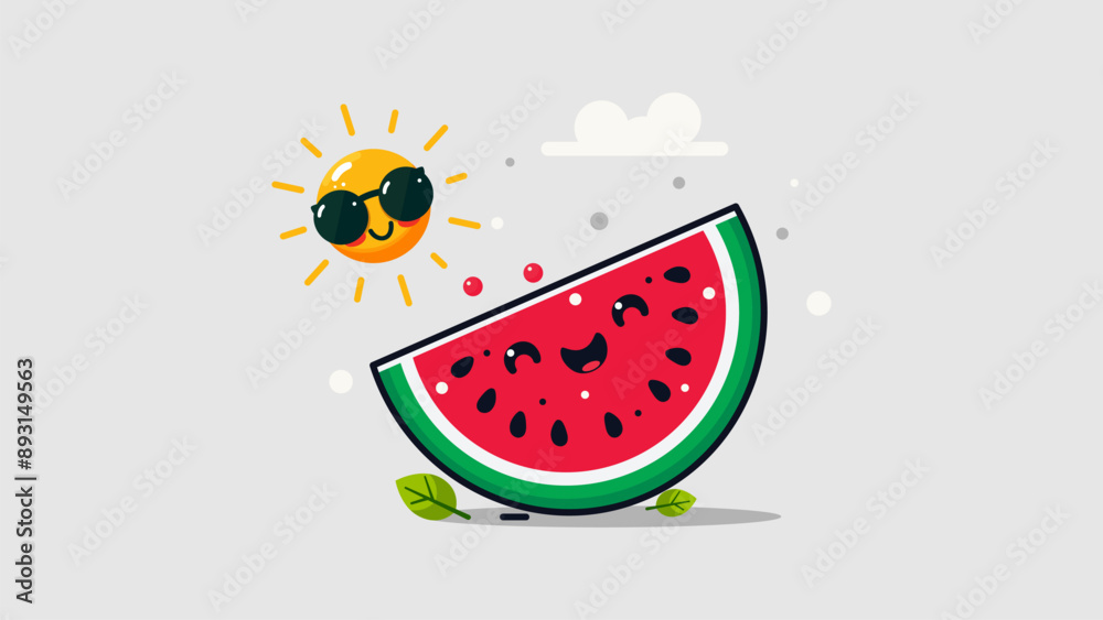Cute Watermelon Character and Sunrise Flat Design. This charming design features a cute watermelon alongside a sunrise, creating a warm and playful vibe. Ideal for summer-themed and cheerful visuals Cute Watermelon Character and Sunrise Flat Design. This charming design features a cute watermelon alongside a sunrise, creating a warm and playful vibe. Ideal for summer-themed and cheerful visuals