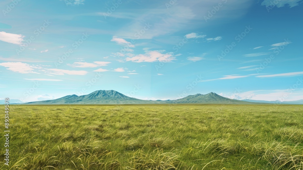 Fototapeta premium Vibrant 3D rendering of flat grassland with distant mountains under a clear blue sky in popmat style, blind box toy theme.