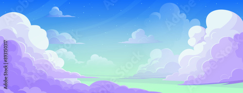 Anime blue sky with cloud cartoon background. Summer heaven abstract painting art bg. Fluffy element cloudscape with star border for manga. Beautiful gradient space panorama graphic in evening