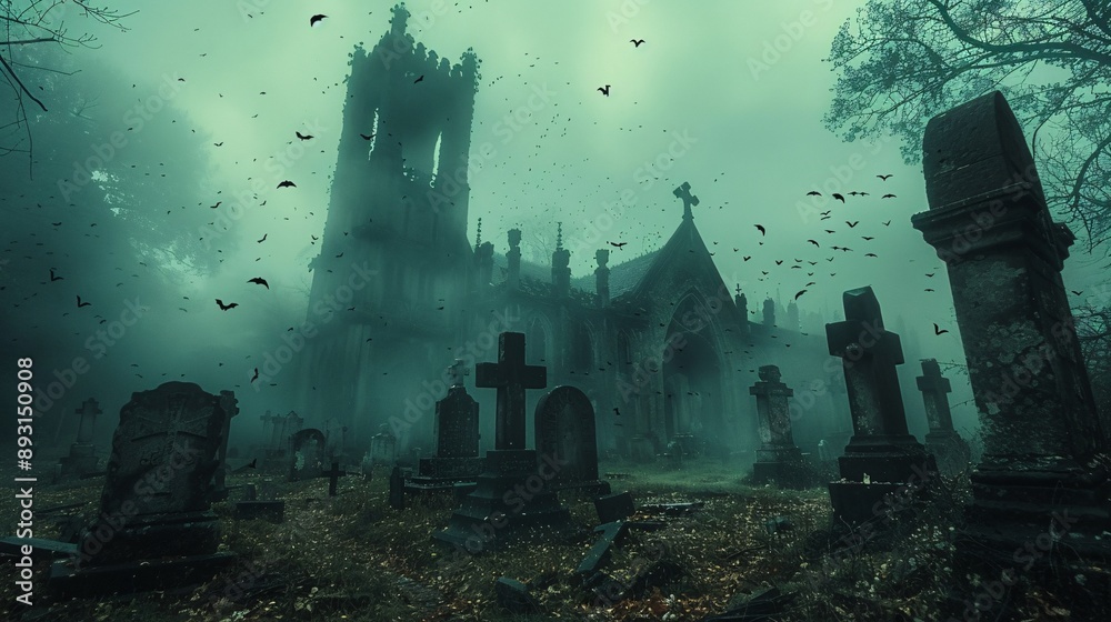 Creepy old cemetery with tombstones and bats flying Creepy old cemetery with tombstones and bats flying