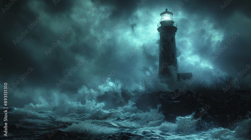 Haunted lighthouse on a stormy night with bats Haunted lighthouse on a stormy night with bats