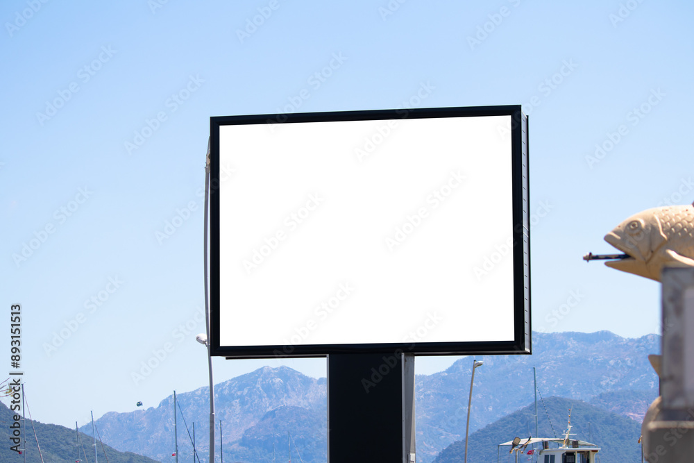 White horizontal poster. Blank banner. Advertising outdoor billboard. White horizontal poster. Blank banner. Advertising outdoor billboard.