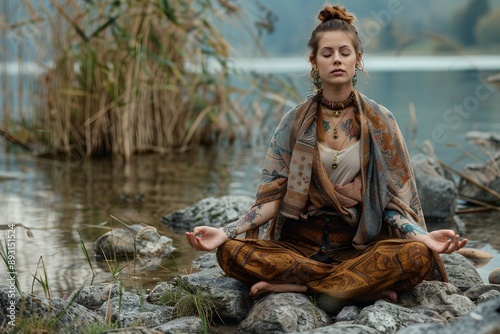 A beautiful woman meditates on rocks near the lake, dressed in a shawl and pants with bohemian patterns. A tattooed girl sits cross-legged on stones by the water, wearing of natural colors. The surrou photo