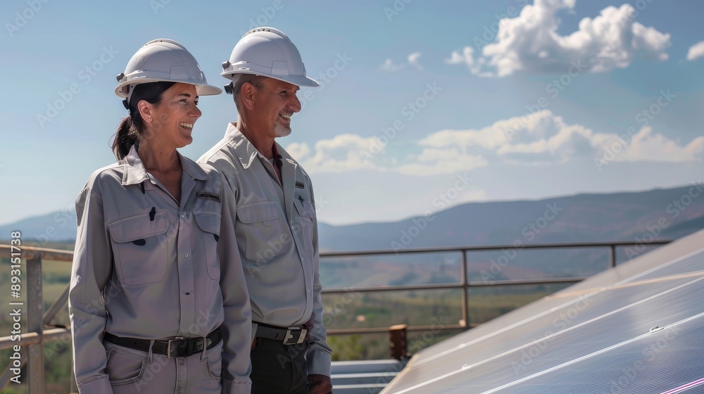 Two professionals in hard hats on a rooftop, smiling, dressed in light gray uniforms, with solar panels in the background, conveying professionalism and teamwork. Two professionals in hard hats on a rooftop, smiling, dressed in light gray uniforms, with solar panels in the background, conveying professionalism and teamwork.