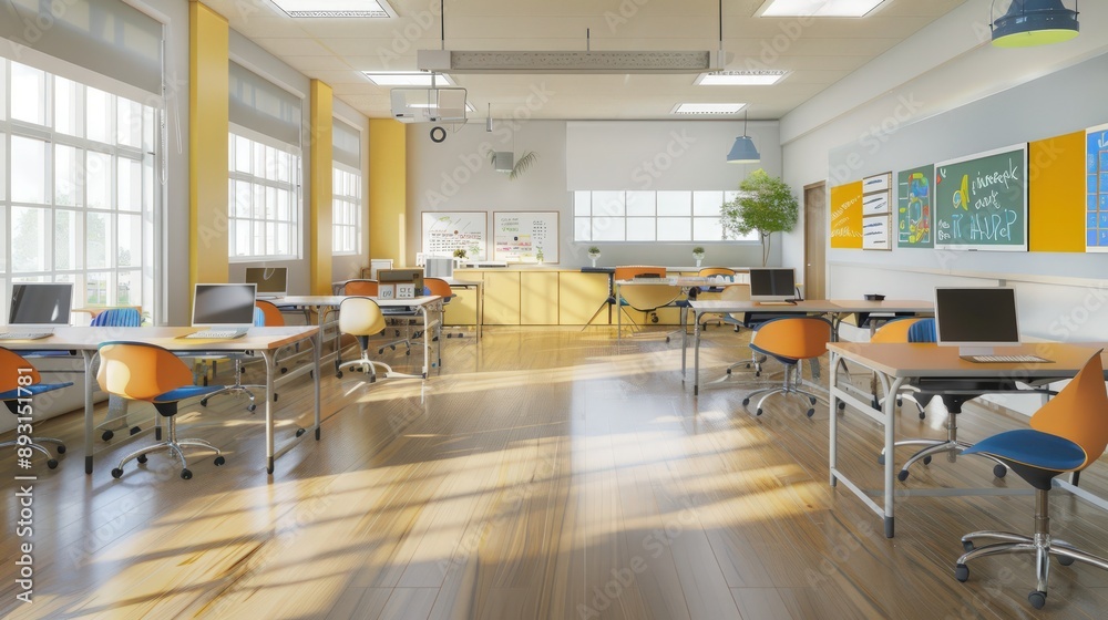 A sleek classroom featuring ergonomic furniture, light wooden floors, and digital tools A sleek classroom featuring ergonomic furniture, light wooden floors, and digital tools